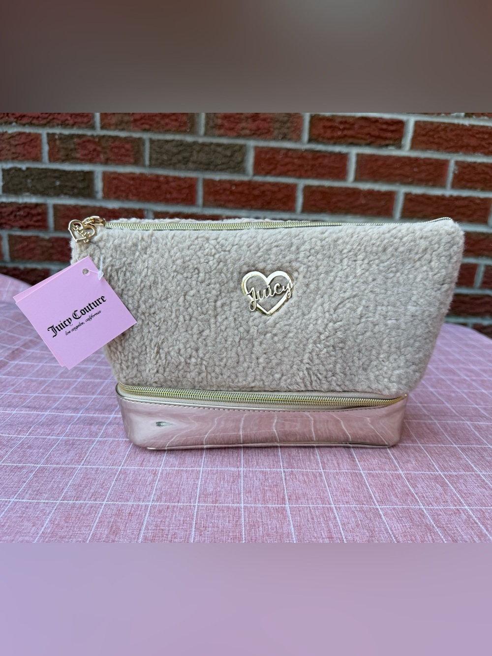 Juicy Couture Cream Sherpa Cosmetic Pouch with Gold Metallic Base